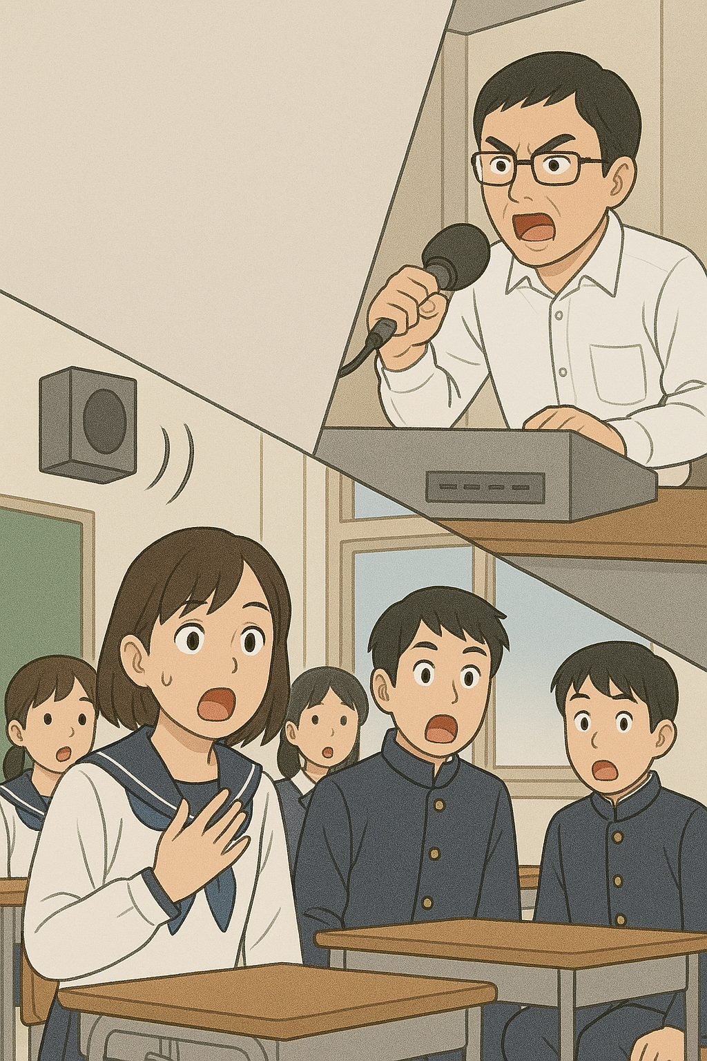 校内放送をする清水さんのイメージ