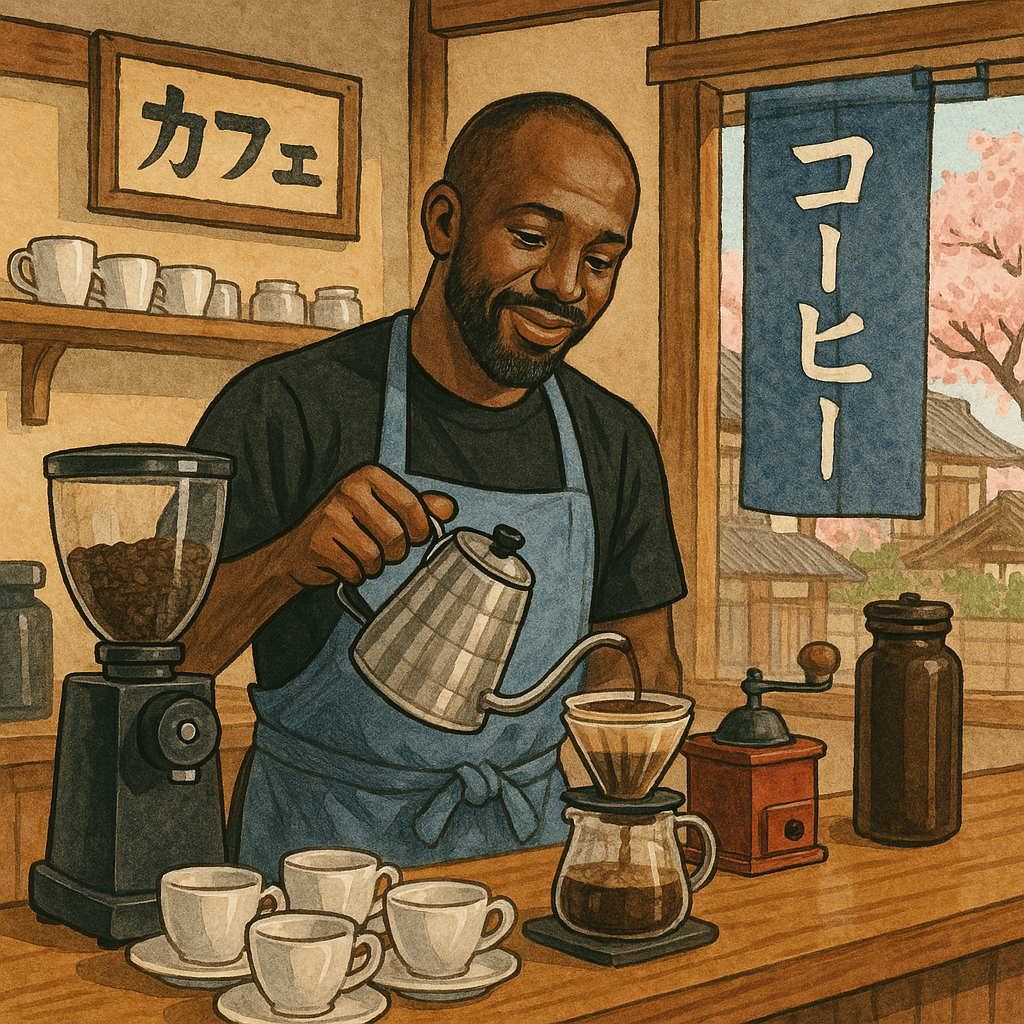 カフェでコーヒーを入れるピーターさんのイメージ